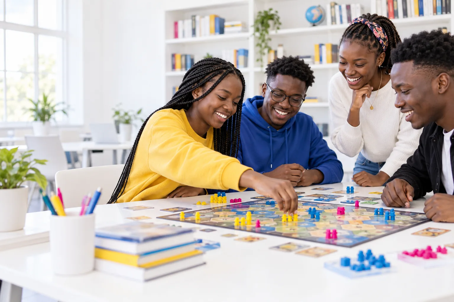 Students playing board games in a bright campus activity room