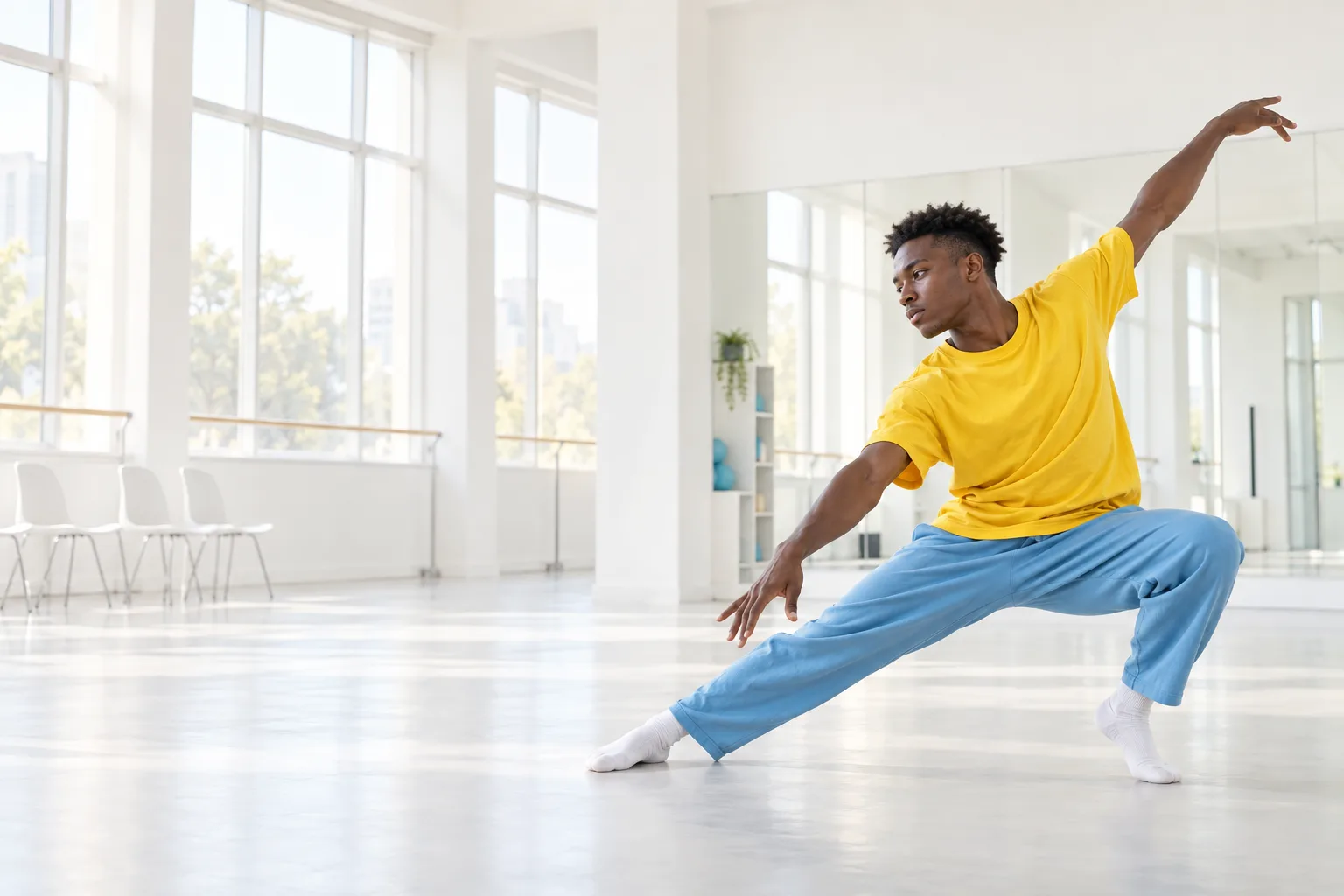 Student dancing in a bright white rehearsal studio