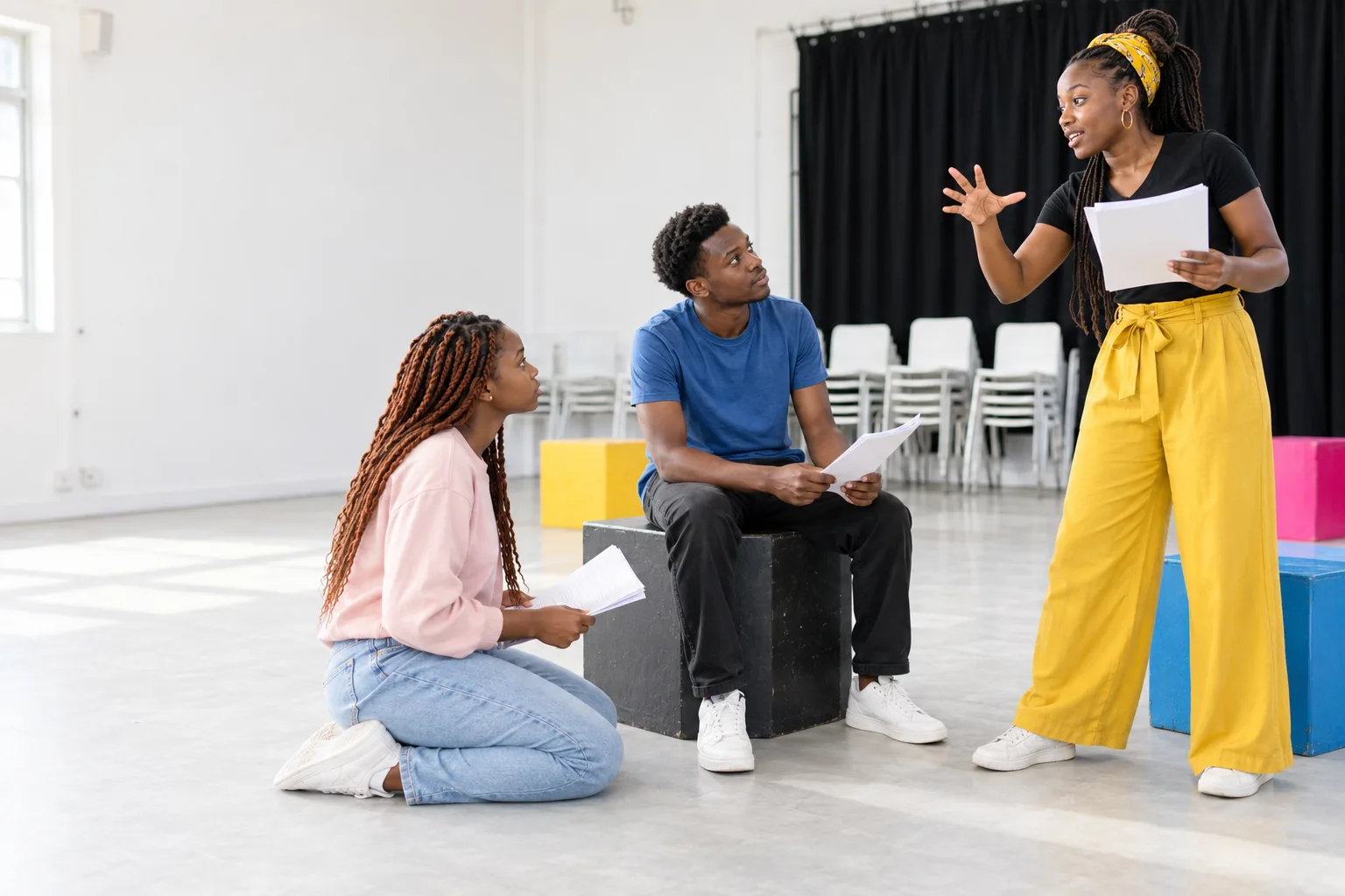 Students rehearsing drama in a white college theatre classroom