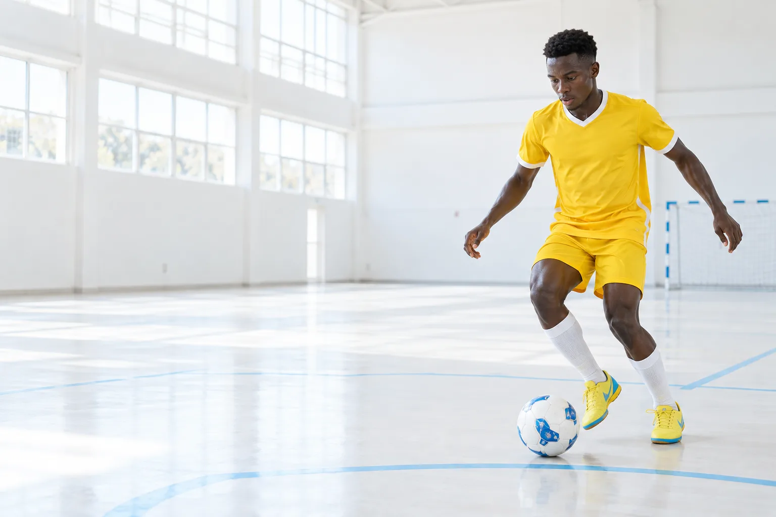 Student training with a football in a bright indoor campus court