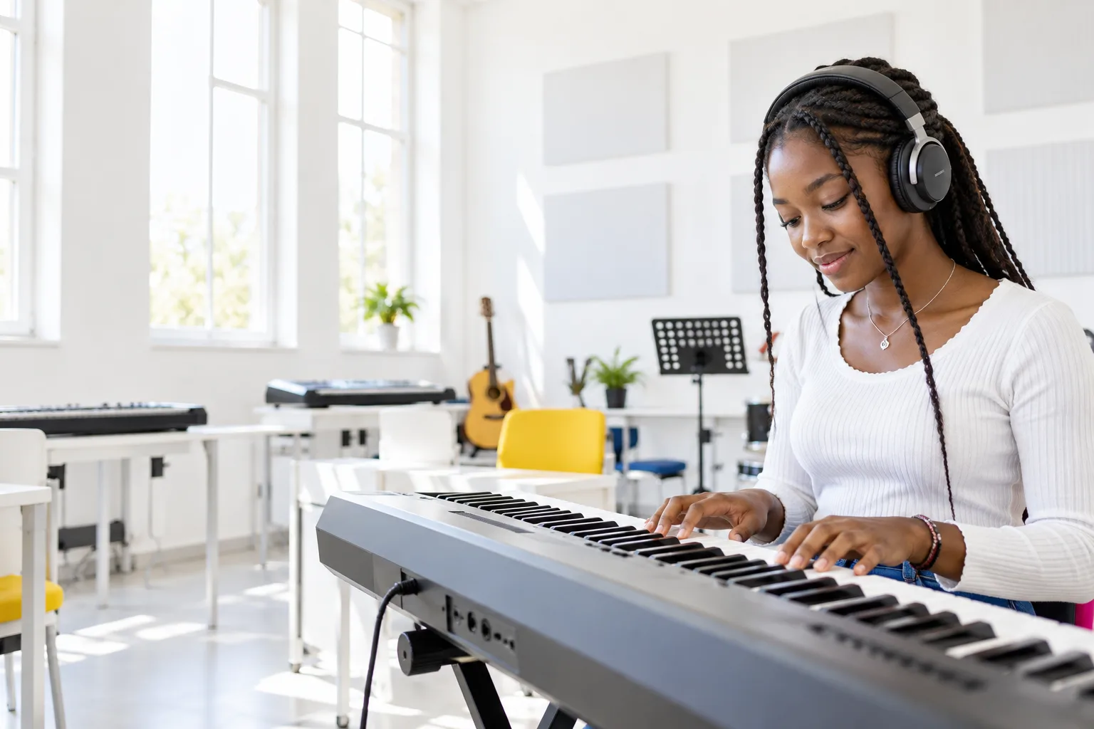 Student practising keyboard in a bright music classroom