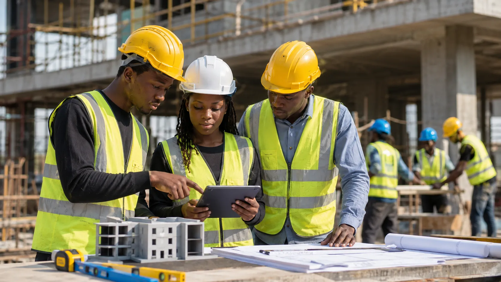 Construction professionals reviewing plans at a building site