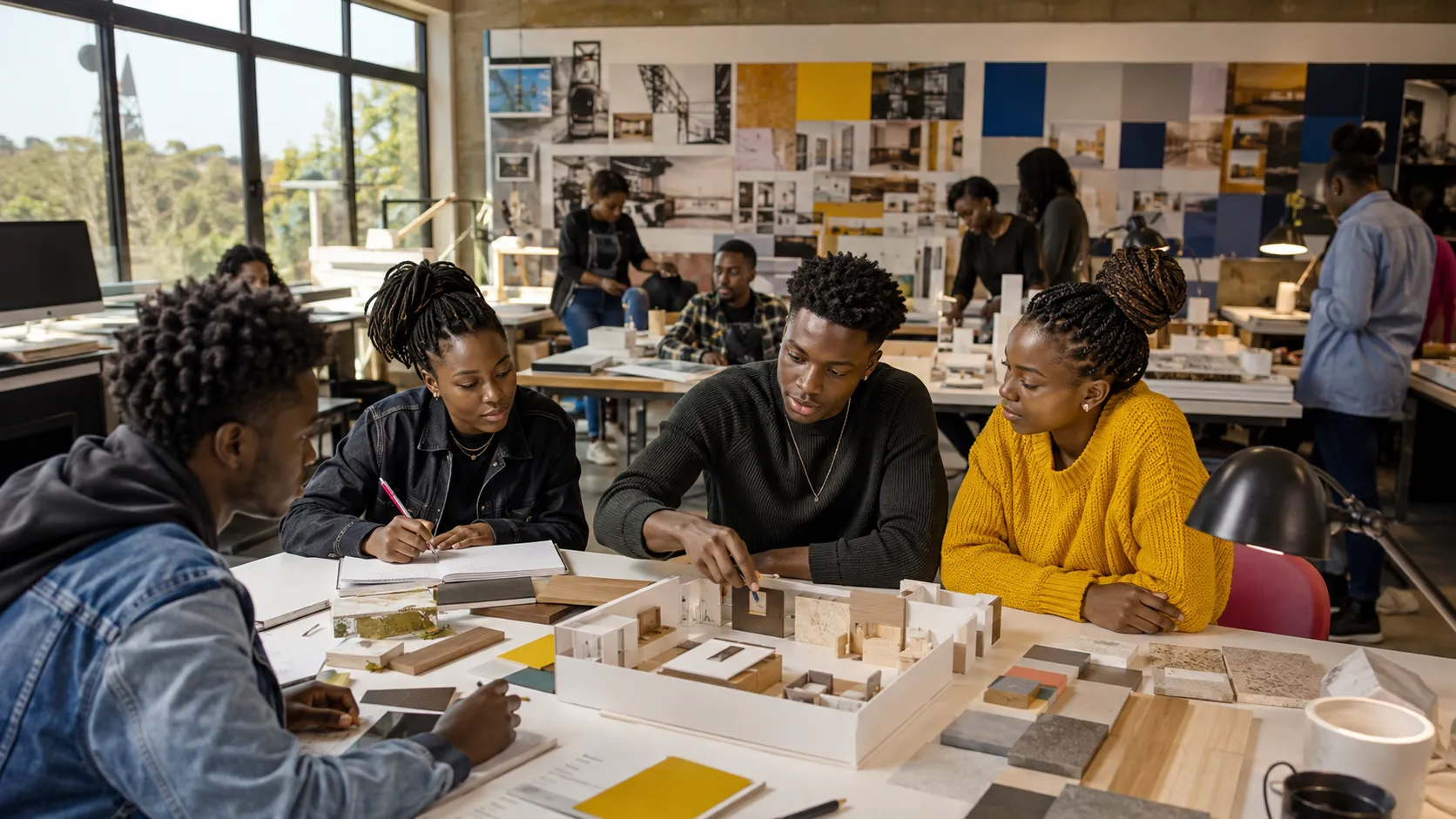 People discussing an interior architecture model