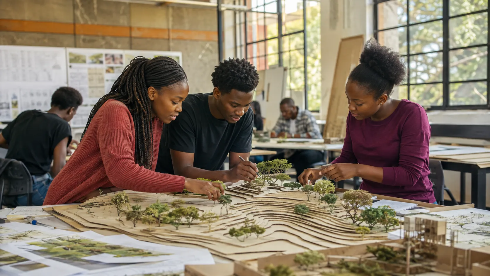 Landscape design team working on an outdoor space model