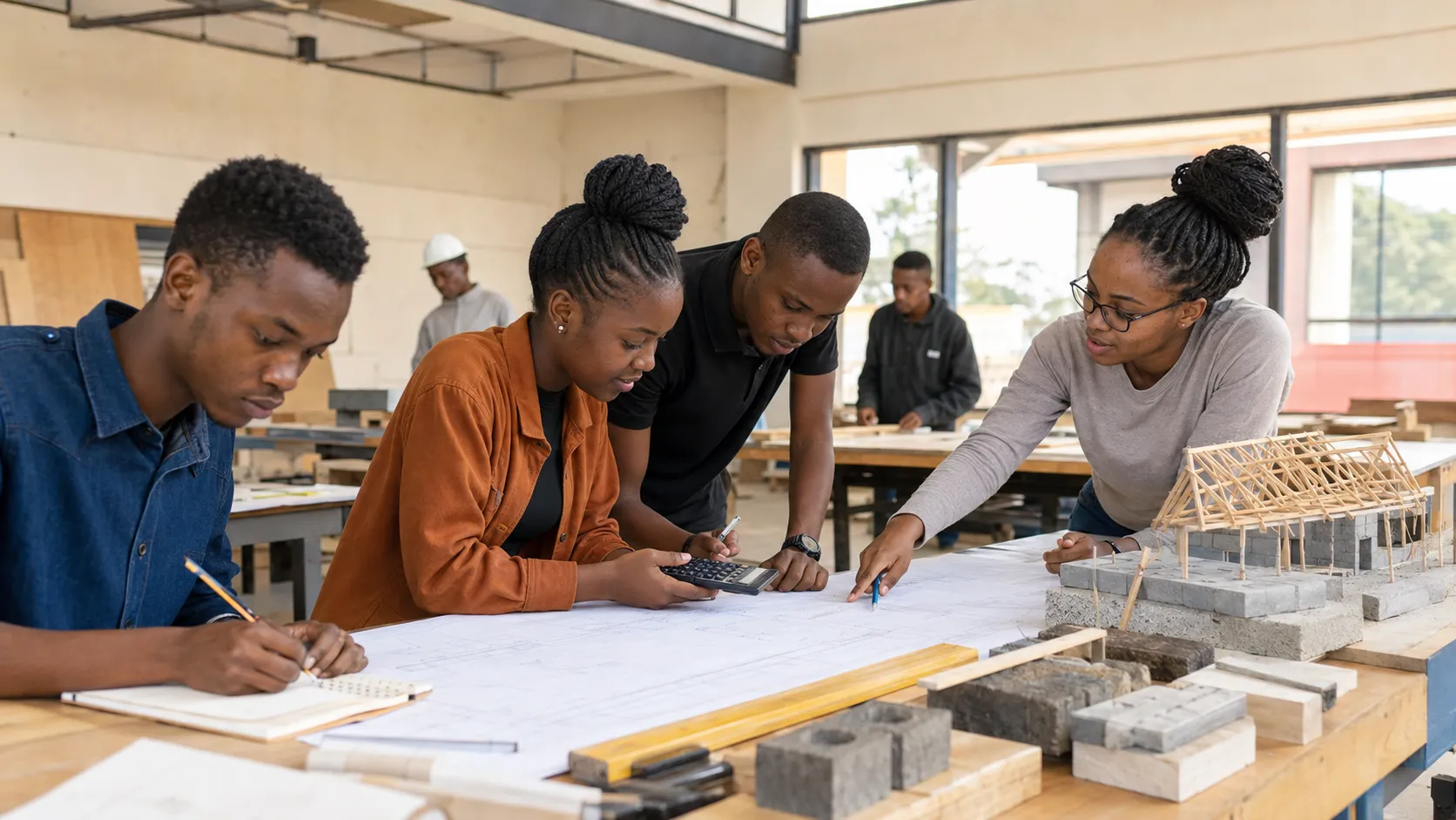 Quantity surveying team studying plans and project costs