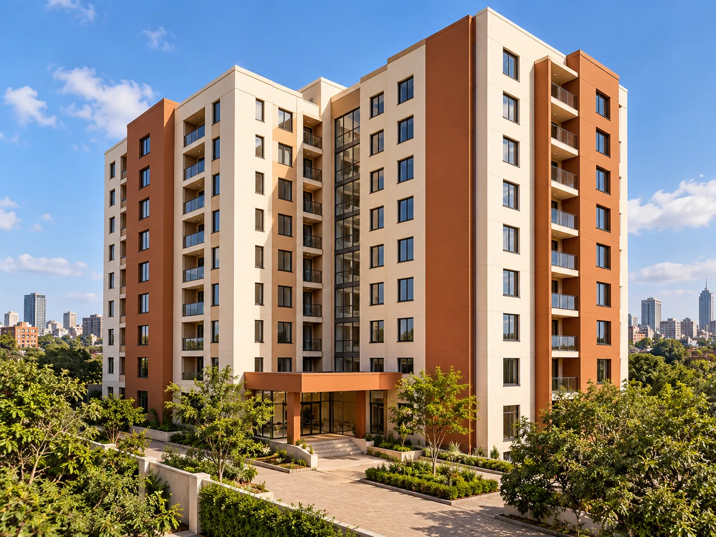 Illustrative modern student residence building surrounded by trees