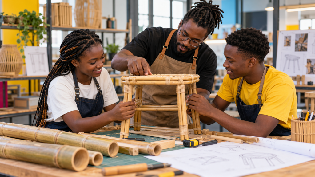 Illustrative scene of learners exploring Bamboo Technology & Sustainable Materials in a bright studio