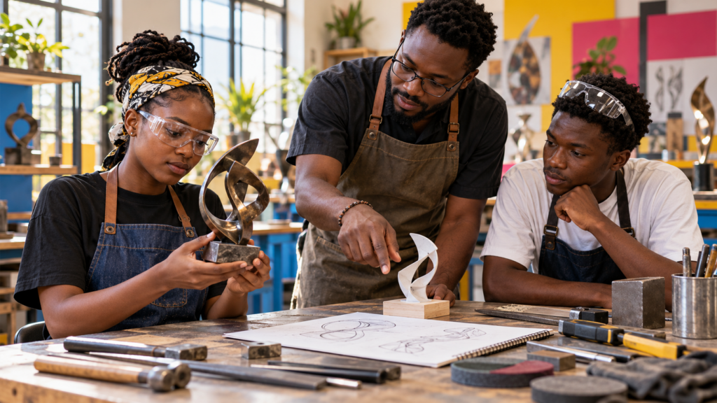 Illustrative scene of learners exploring Metal Arts & Sculptural Fabrication in a bright studio