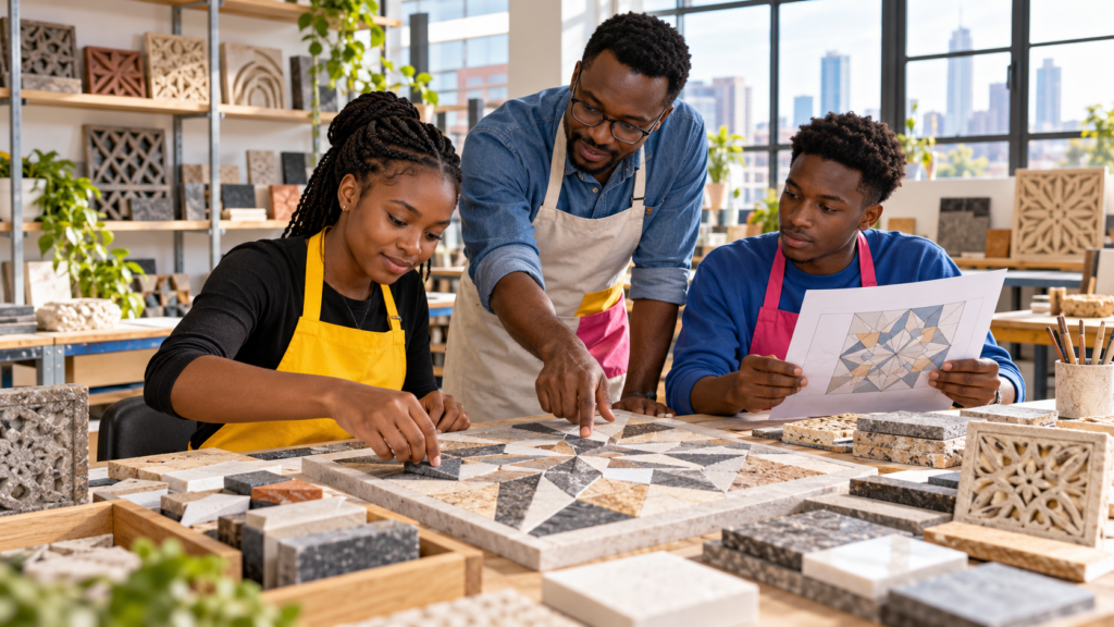 Illustrative scene of learners exploring Stone Arts, Mosaics & Architectural Ornament in a bright studio